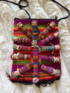 Handwoven Rainbow Textile Bag with Worry Doll Embellishments